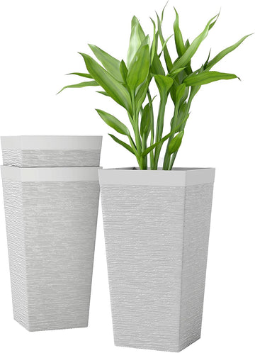22.8 Inch Tall Planters for Outdoor Plants Set of 3, White | Wheels, Flower Pots, Stone Finish, Stackable Tapered