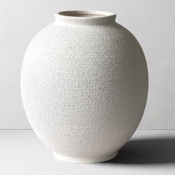 White Ceramic Vase, 9.8" Large, Round, Sandstone White | Farmhouse Style, Hand-Made Textured, Minimalist Design