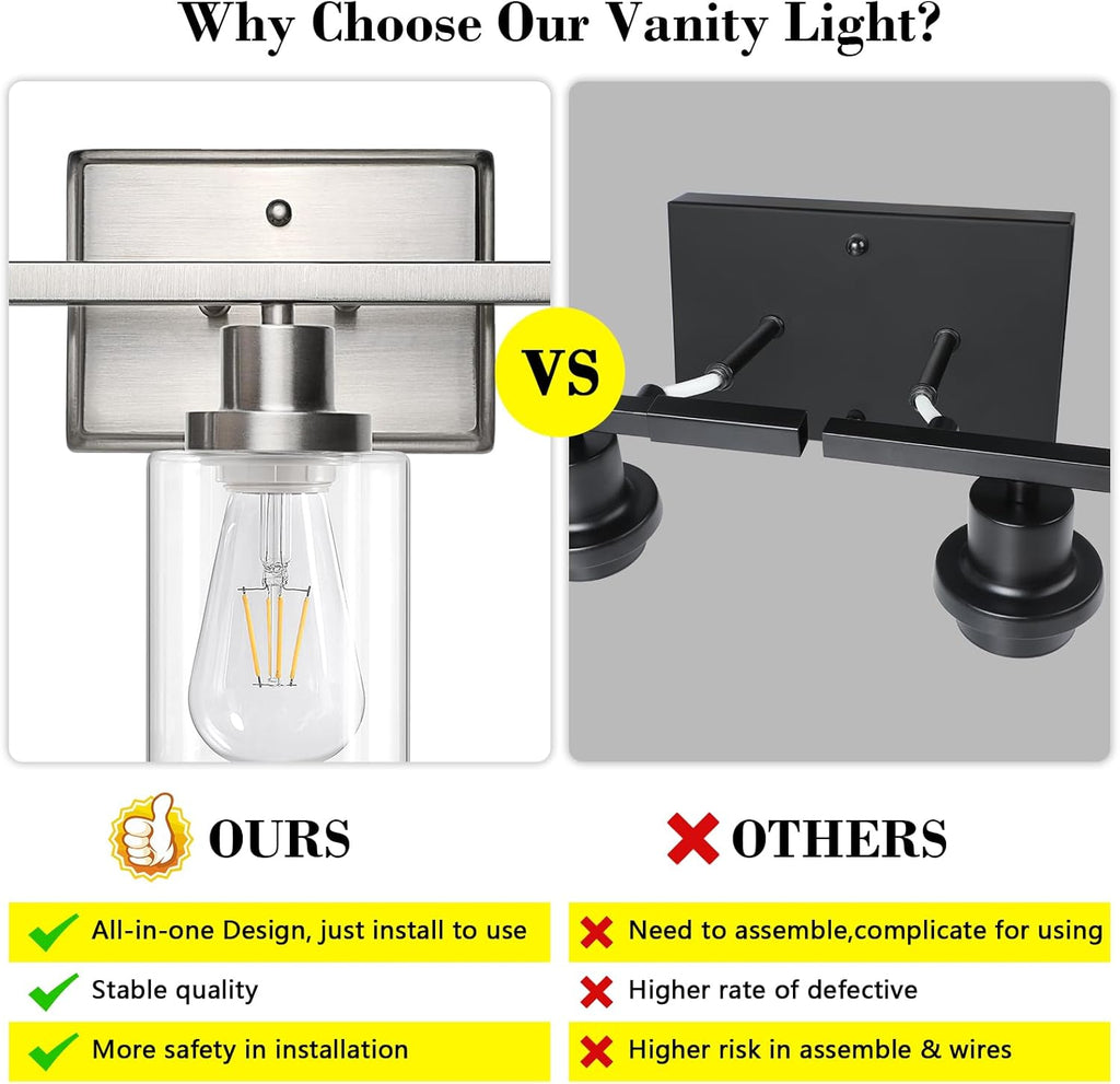 Bathroom Vanity Light Fixtures, 3 Light Wall Sconces Lighting with Clear Glass Shade, Brushed Nickel Wall Lights for
