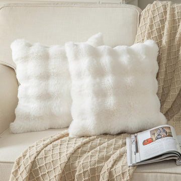 Pack of 2 Cream White Thick Soft Wool Decorative Throw Pillow Covers 18x18 Inch Faux Fur Plush Fluffy Cushion Covers