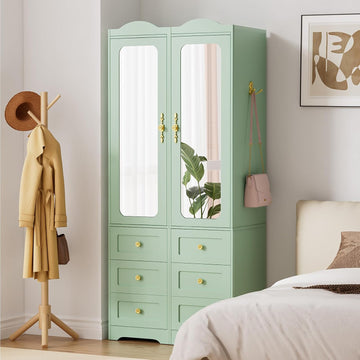 Armoire Wardrobe Closet, Green Bedroom Armoires Cabinet with Mirror Door and 6 Drawers, 69.5" H Wood Clothing Storage