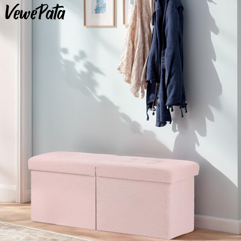 Storage Ottoman Bench, 34" Teddy Velvet Folding Foot Rest, Pink