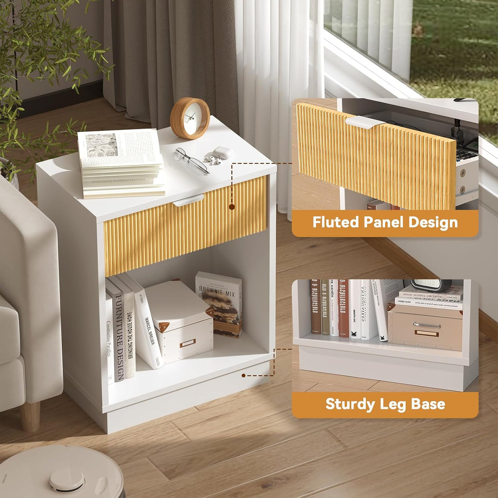 Fluted Night Stand Set 2, Large Wood Bedside Table Set of 2 Nightstands Set of 2 with Drawer and Storage Shelf