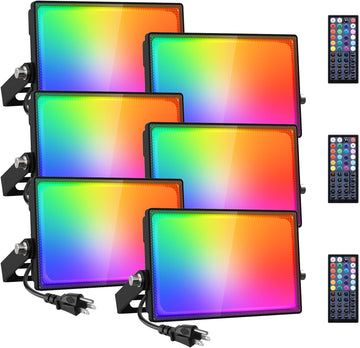 6 Pack RGB LED Flood Light Outdoor, 70W Color Changing Uplights with Remote, 2700K Warm White IP66 Stage Lighting