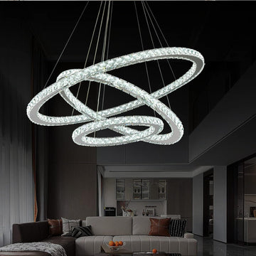 LED Chandelier, Modern Ceiling Light Fixture with 3 Crystal Chandelier Lighting Rings, DIY & 3-Color Changing 3 Rings Adjustable Chandeliers for Living Room Dining Room Kitchen, D 12"-20"-28"