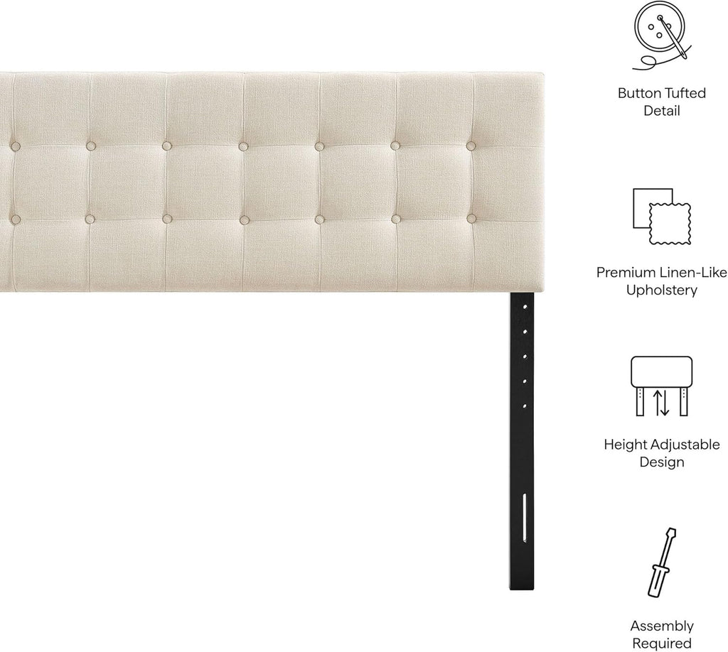 Queen Fabric Headboard in Ecru - Linen-Like Upholstery with Button Tufting and 7 Adjustable Height Positions