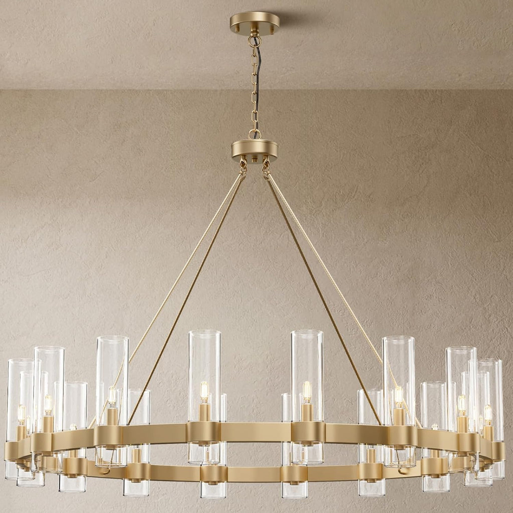 16-Lights Gold Chandelier,Wagon Wheel Chandelier with Glass Shade,48 Inch Large Round Industrial High Ceilings Pendant Lighting Fixture for Dining Room,Living Room, Kitchen Island, Foyer A115-B0CNRHWRKS