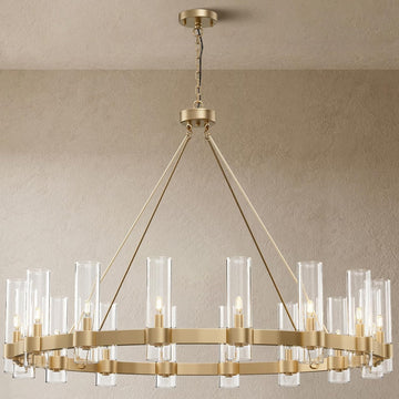 Inspired Ravelle Style 16-Lights Gold Chandelier,Wagon Wheel Chandelier with Glass Shade,48 Inch Large Round Industrial High Ceilings Pendant Lighting Fixture for Dining Room,Living Room, Kitchen Island, Foyer