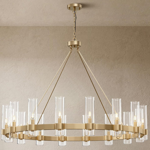 16-Lights Gold Chandelier,Wagon Wheel Chandelier with Glass Shade,48 Inch Large Round Industrial High Ceilings Pendant Lighting Fixture for Dining Room,Living Room, Kitchen Island, Foyer A115-B0CNRHWRKS