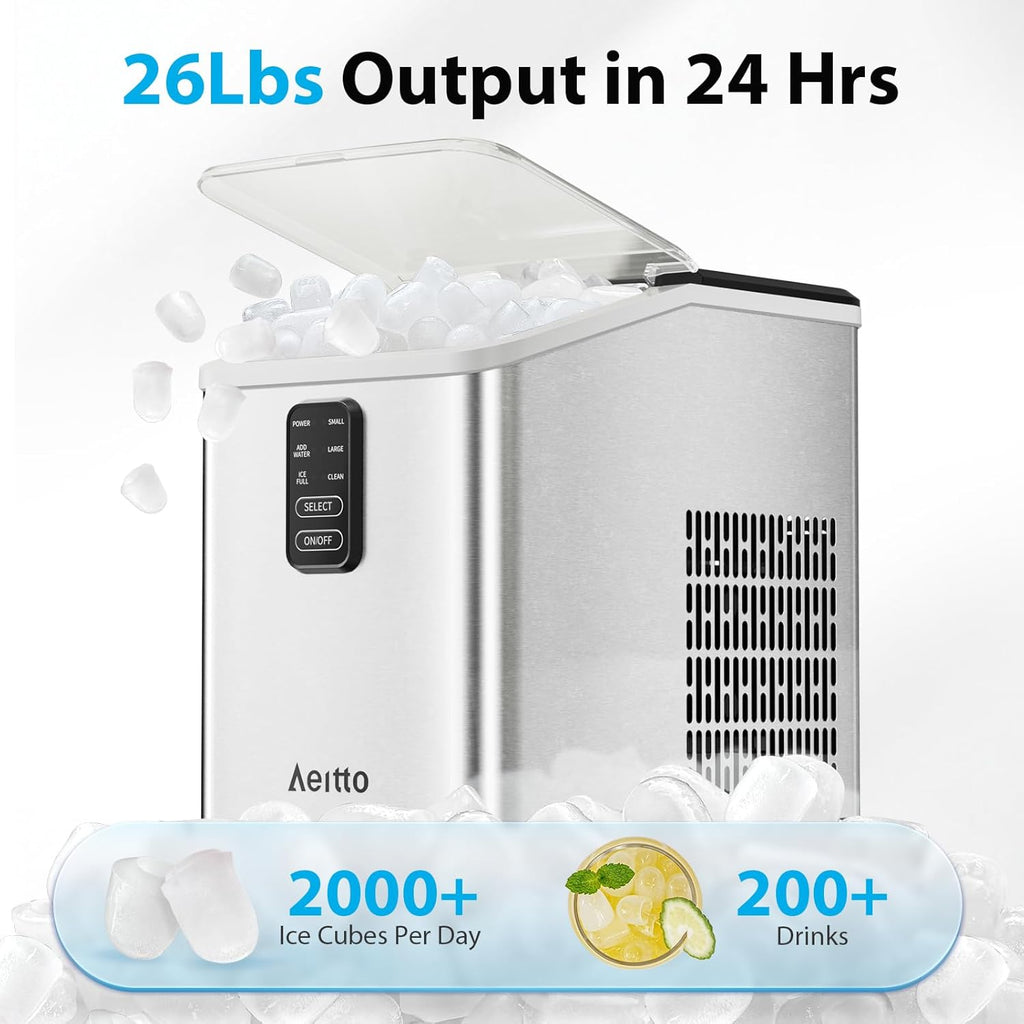 Ice Maker Countertop 26lbs/24H, Ice Machine 8 Ice Cubes Ready in 6 Mins, 2 Sizes of Bullet Ice Portable Ice Makers
