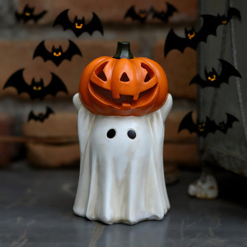 Halloween Ghost Decoration with Light-Up Jack-o'-Lantern Head,Cute Little White Ghost Holding Mini Pumpkin