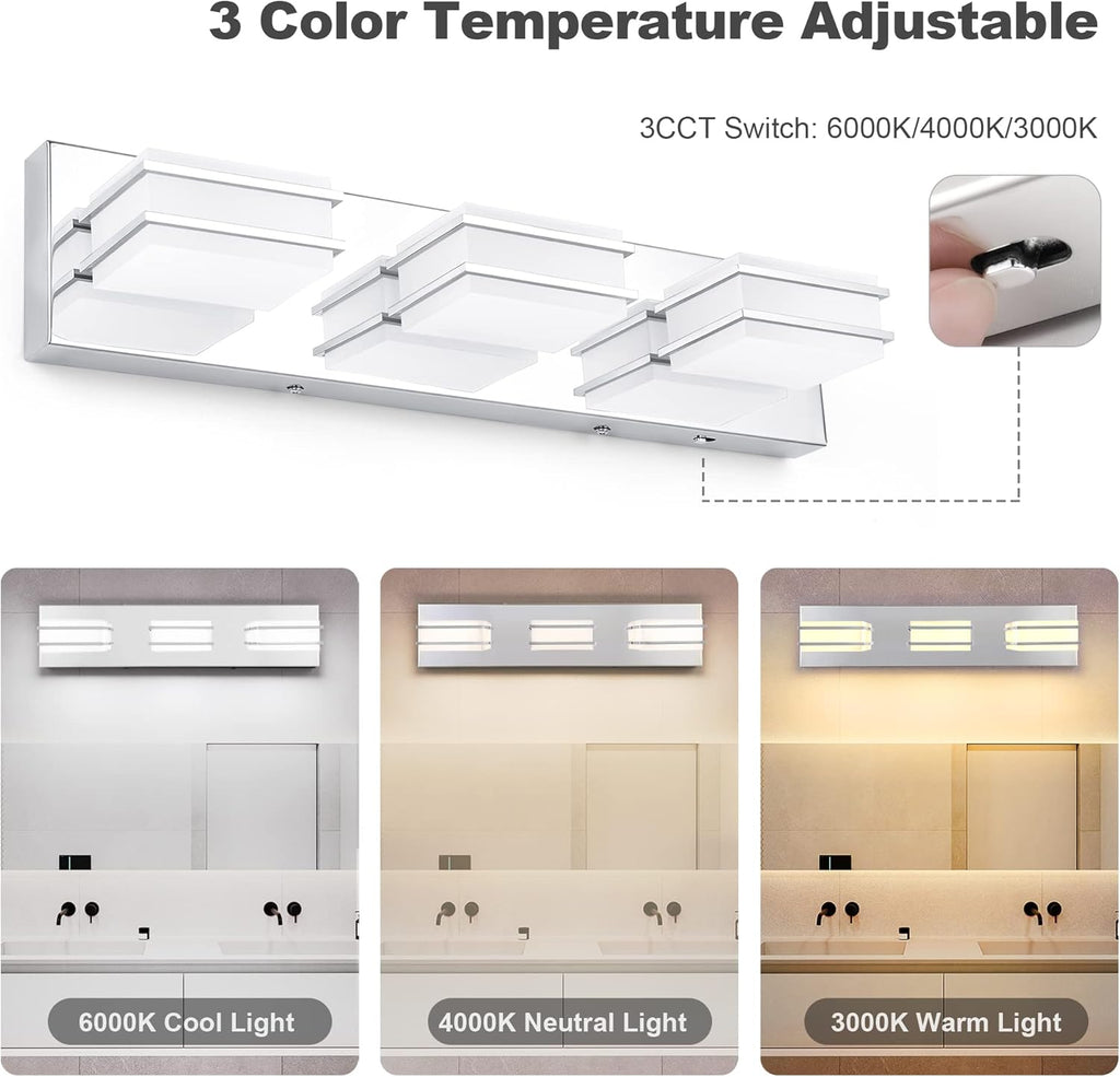 3 Color Temperature Dimmable Bathroom Light Fixtures over Mirror, LED Chrome 3 Light Vanity Lighting Fixtures