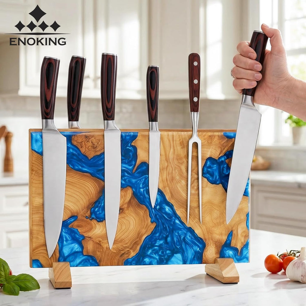 Magnetic Knife Holder, Double Sided Knife Block, Powerful Magnet Kitchen Storage, Beautiful Blue Resin Burl Wood