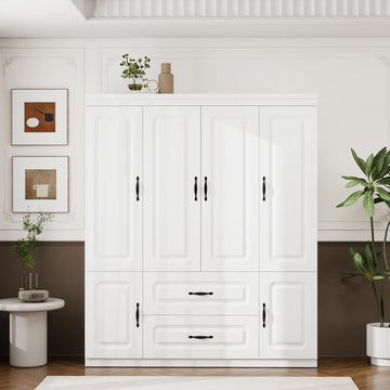 Large Capacity Wardrobe Closet with 2 Drawers White | Spacious Storage Cabinet Organizer , White Armoire Fits Most