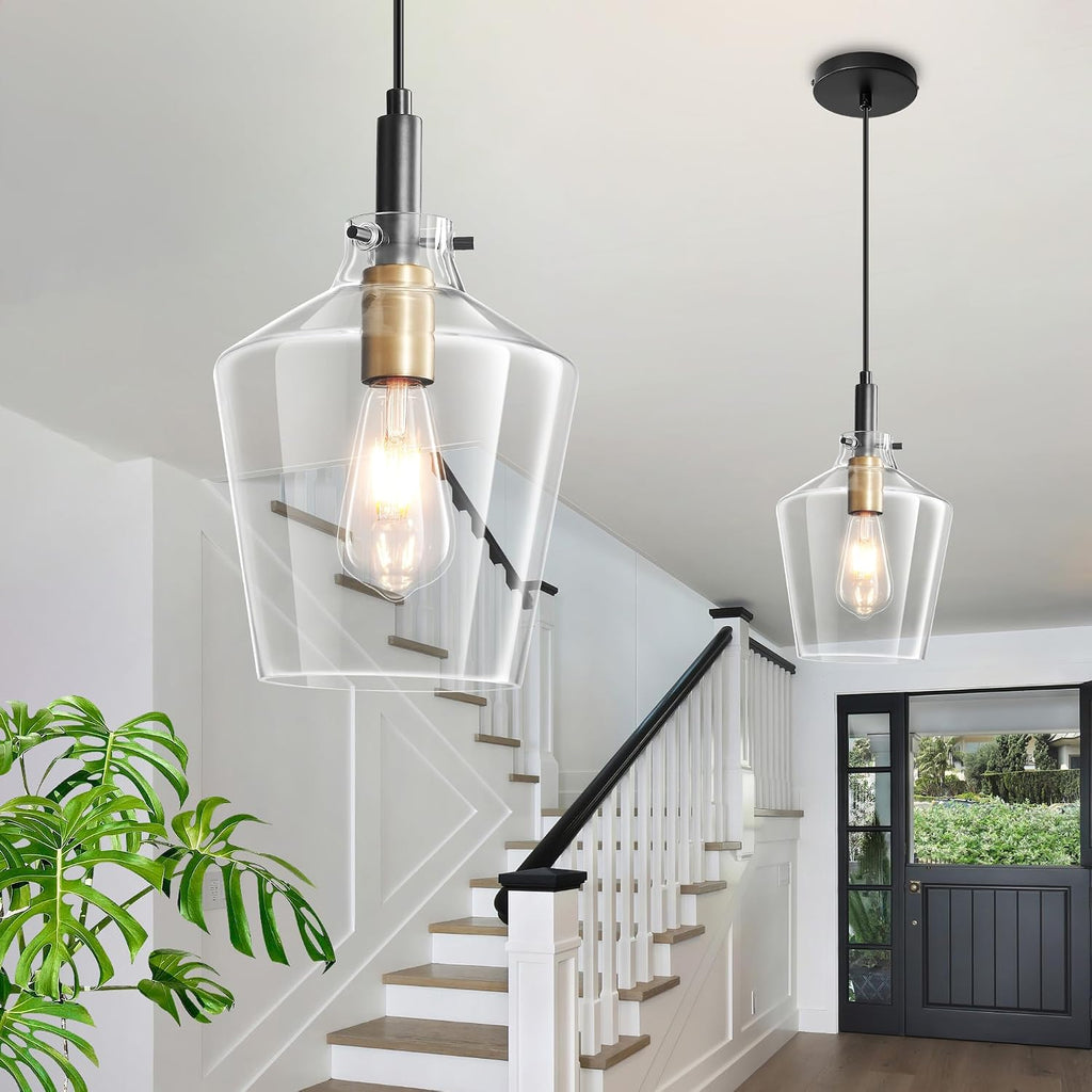 Modern Glass Pendant Lighting for Kitchen Island 2 Pack, Farmhouse Black and Gold Pendant Light Fixtures, Adjustable