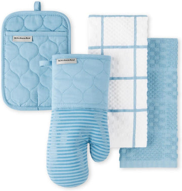 Quilted Cotton Terry Cloth Oven Mitt, Pot Holder, Kitchen Towel 4-Pack Set, Heat Resistant, Silicone Grip, Gift Set