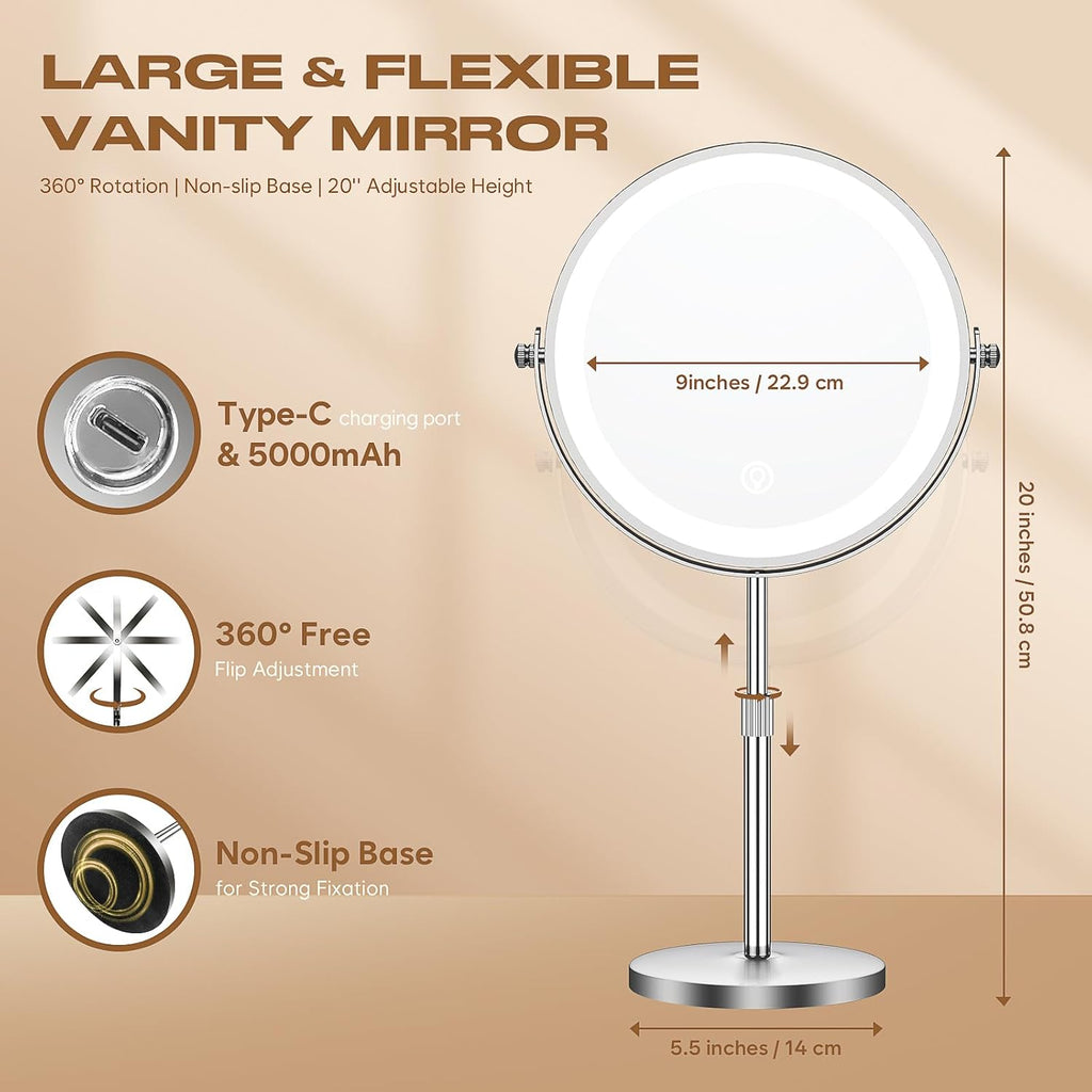 Makeup Mirror with Lights, 1x/20x 360° Rotation Vanity Mirror, Brightness Adjustable Lighted Makeup Mirror with