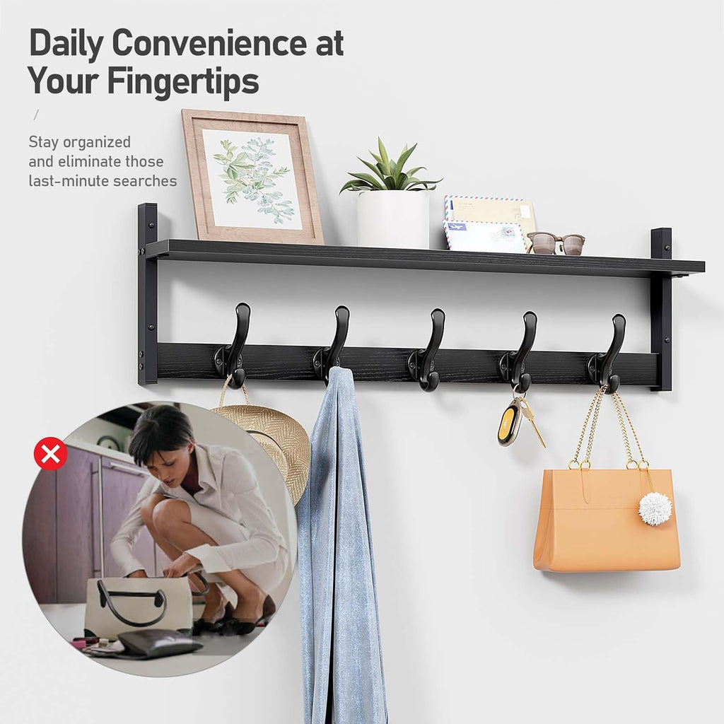 29" Rustic Coat Rack Wall Mount with Shelf, Entryway Wall Hooks with Shelf, Coat Hangers , Black