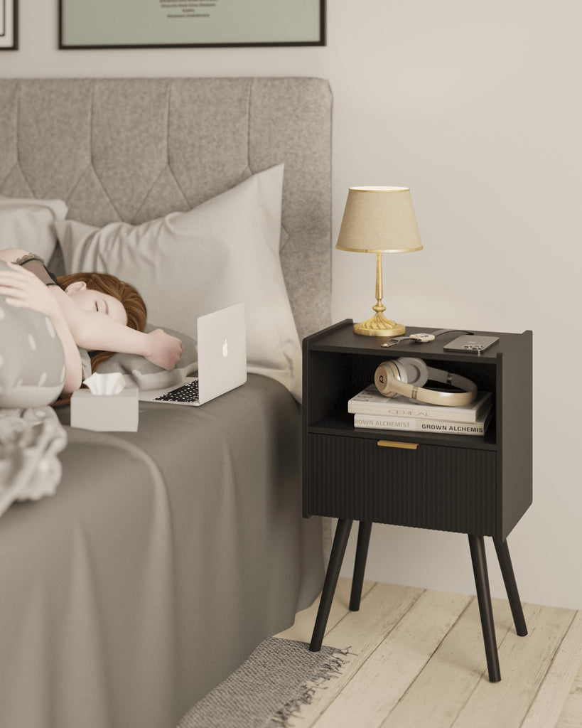 Black Nightstand, Modern Bedside Table with Storage Drawer and Open Wood Shelf, and Small Spaces, Accent Night Stand