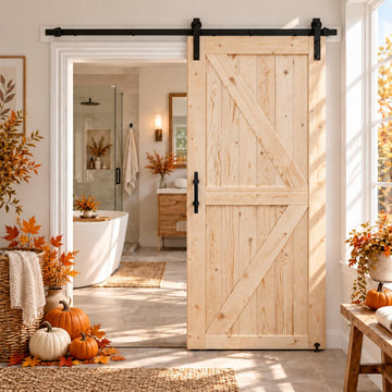 36in x 80in Unfinished British Brace Knotty Barn Door with Sliding Door Hardware Kit/Solid Wood/Sliding/Double