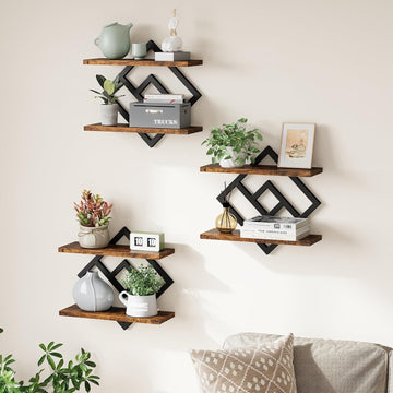 Floating Shelves for Wall, Set of 3 Hanging Shelves, Rustic Brown | 2-Tier Wall Mounted Storage Shelves for Decor