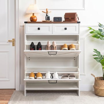 Berenice Farmhouse Entryway Shoe Cabinet with Flip Drawers - White