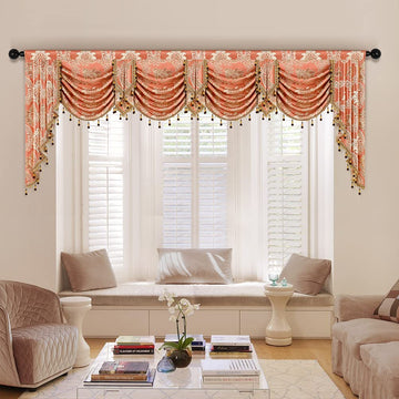 European Style Waterfall Valance Damask Coffee Curtain Valance Jacquard Curtains, Rod Pocket, 1 Panel (Damask-Coffee