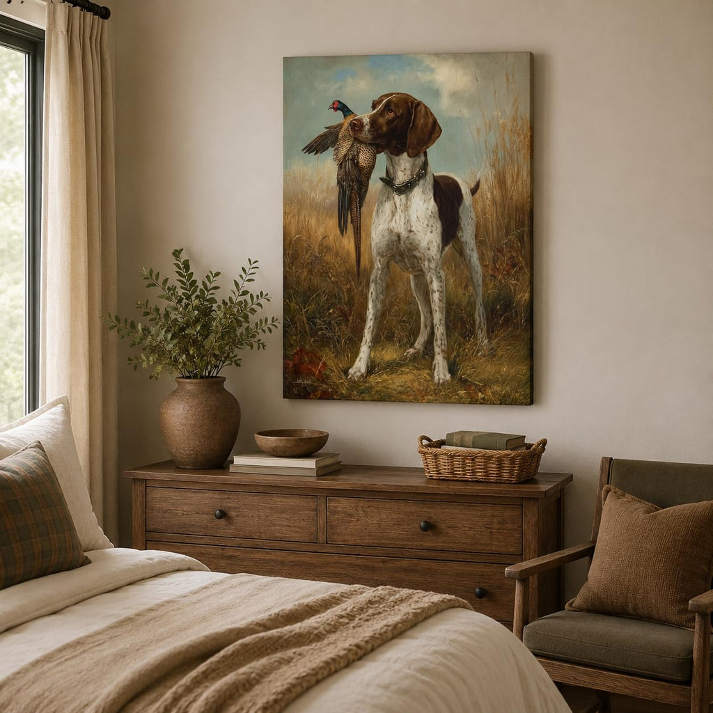 Classic German Shorthaired Pointer with Pheasant Canvas Wall Art - Vintage Hunting Scene Rustic Decor Office Man Cave