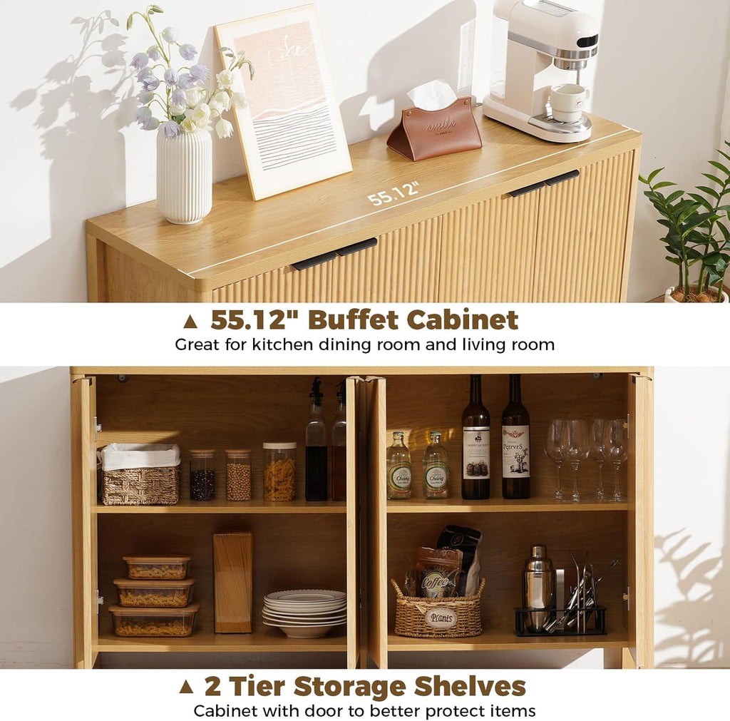 55'' Sideboard Buffet Cabinet with Storage Fluted Sideboard Buffet with Adjustable Shelves Coffee Bar Console Table