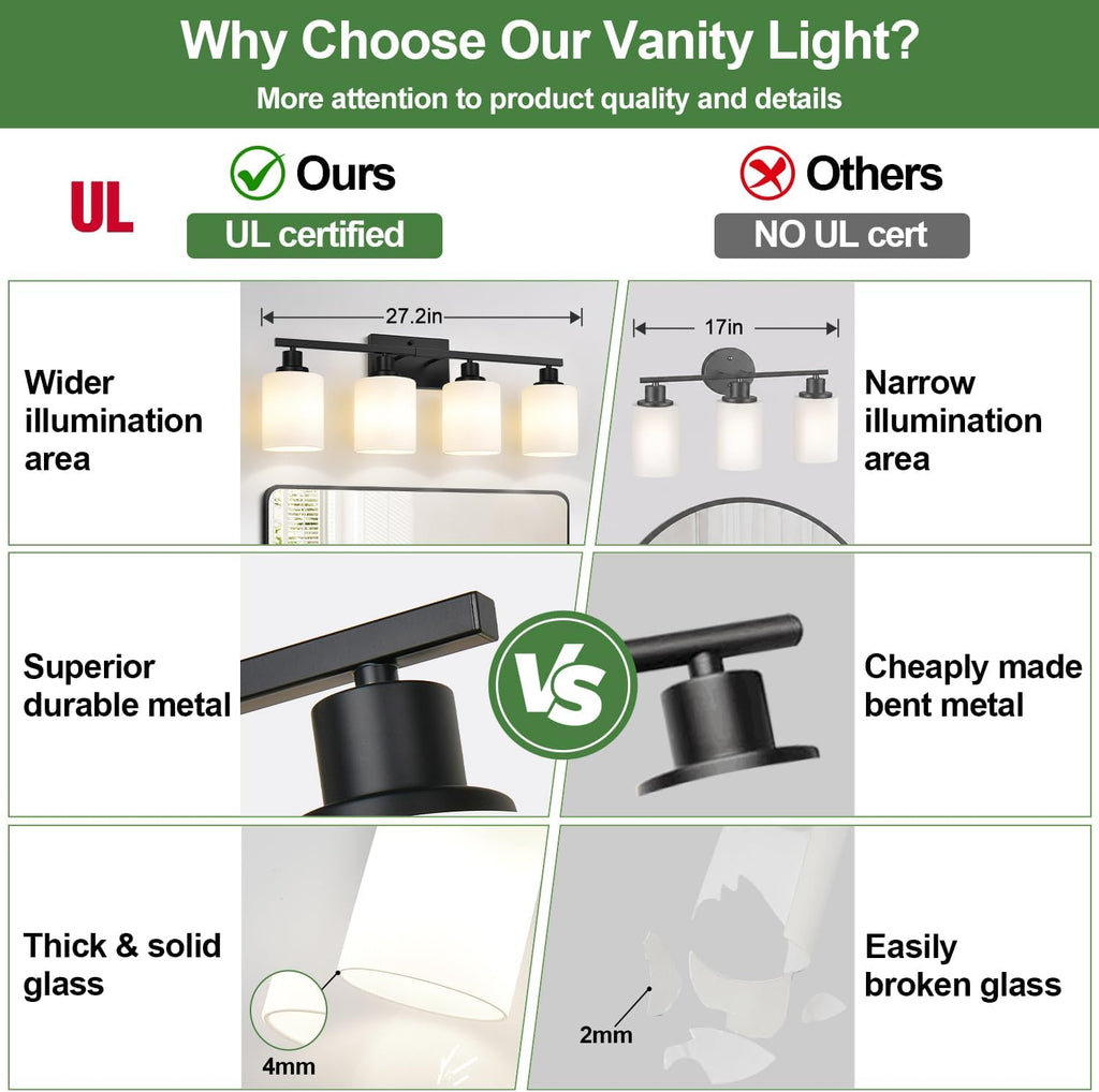 4-Light Bathroom Light Fixtures, Vanity Light with Milky White Shades, Matte Black Bathroom Light Fixtures Over