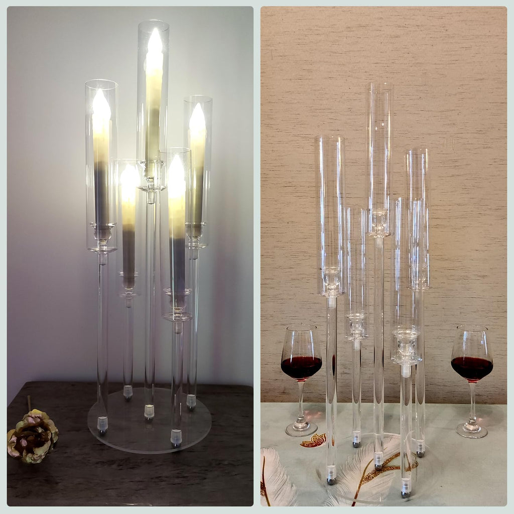 2Pcs Acrylic Candelabra Centerpieces,Clear Crystal 5 Arm Candlesticks Holder with Acrylic Shade for Valentine's day