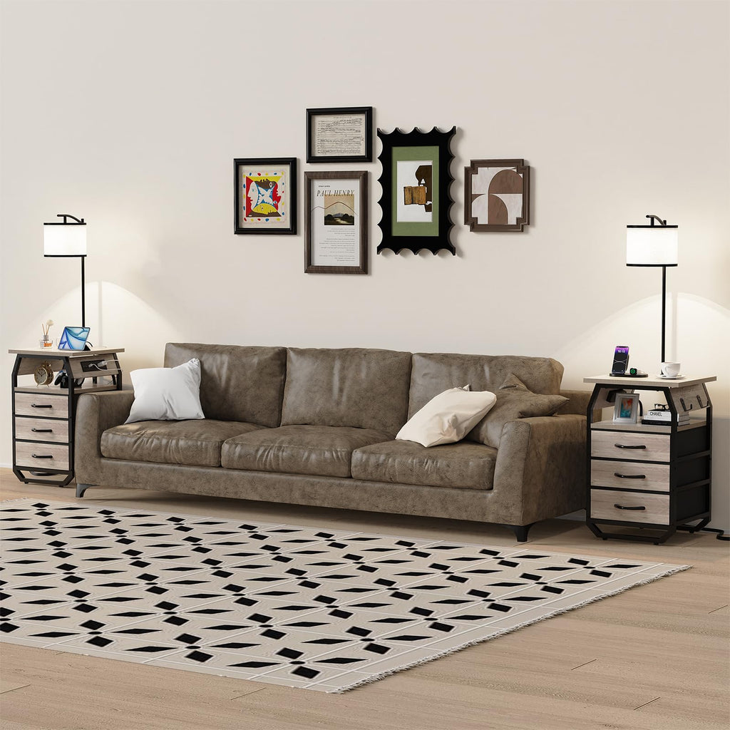 Floor Lamp with Table Set 2, End Table with Light & Charging Greige