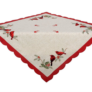 Small Embroidered Christmas Holiday Red Cardinal Bird Tablecloth Toppers, Square 33 x 33 Inch