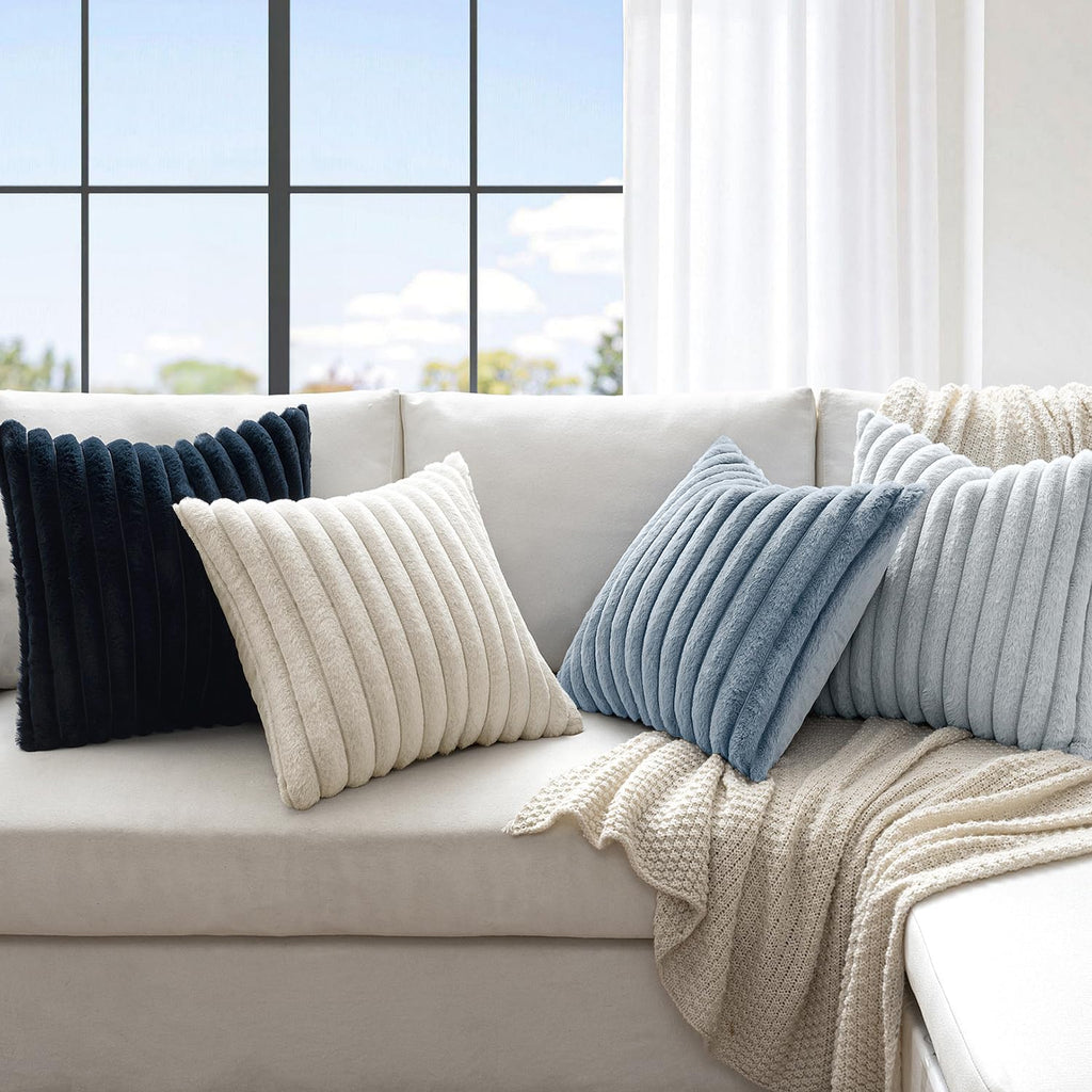Faux Fur Plush Decorative Throw Pillow Covers 18x18 Set of 4, Summer Modern Soft Fuzzy Coastal Striped Cushion