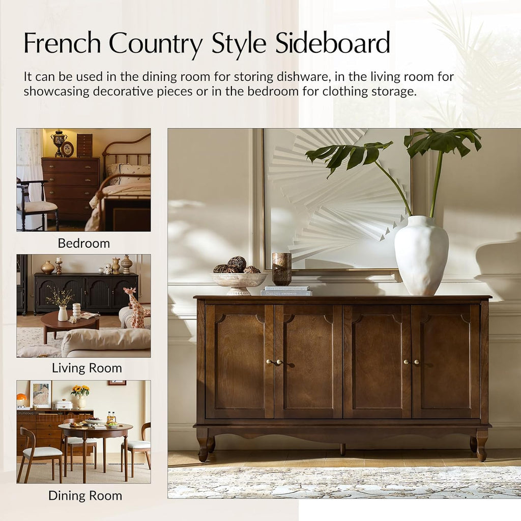 Sideboard Buffet Cabinet with Storage, 58" Kitchen Farmhouse Wood Credenza Storage Cabinet with 4 Doors & 2 Shelves