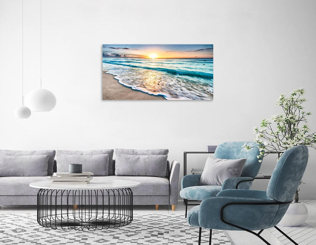 1 Panel Beach Wall Art Beach Art for Wall Blue Sea Sunset White Seaside Art Pictures of the Ocean Print on Canvas