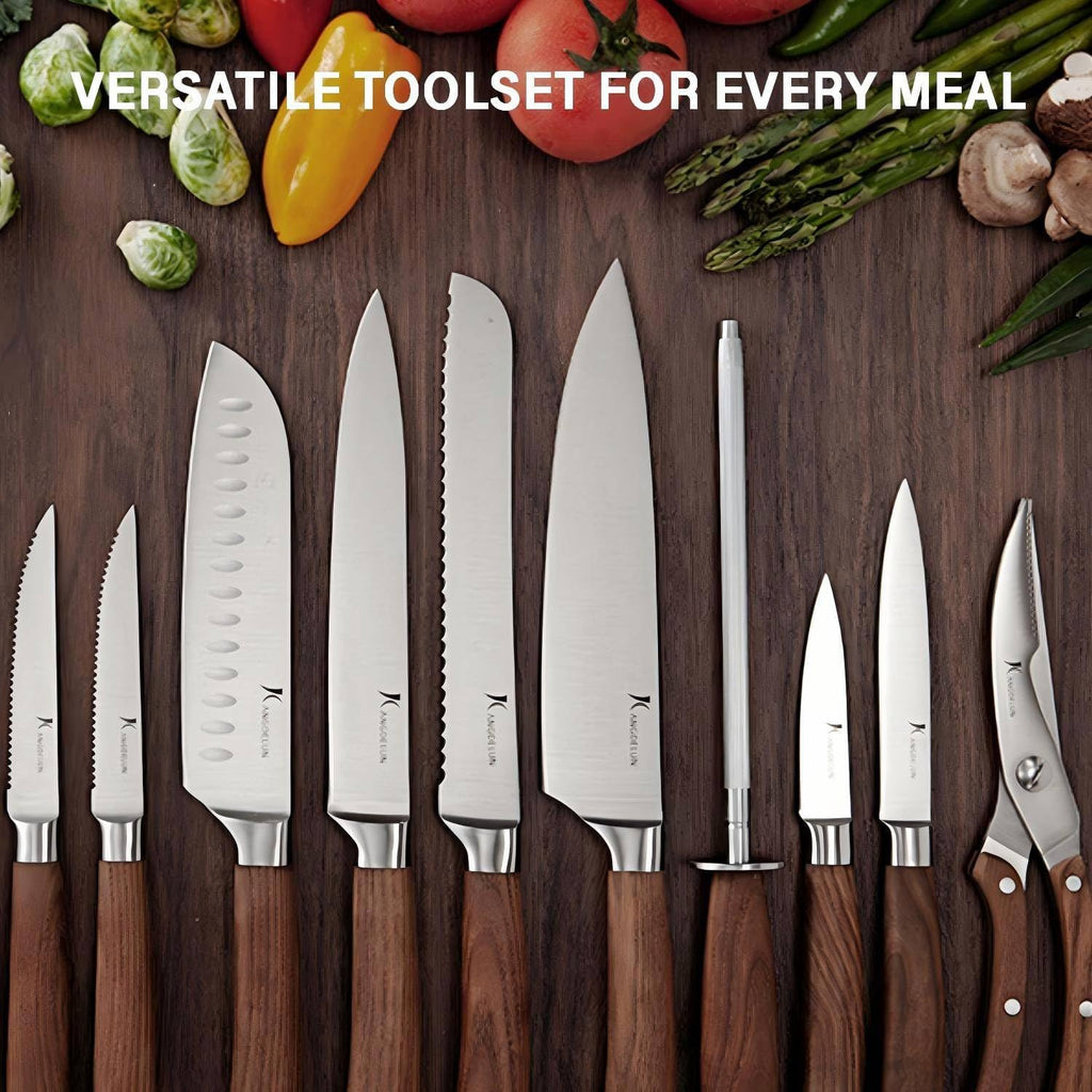Ultra Sharp 15-Piece Kitchen Knife Set, High Carbon Stainless Steel Blades, Torrefied Brown Wood Handles, Ergonomic