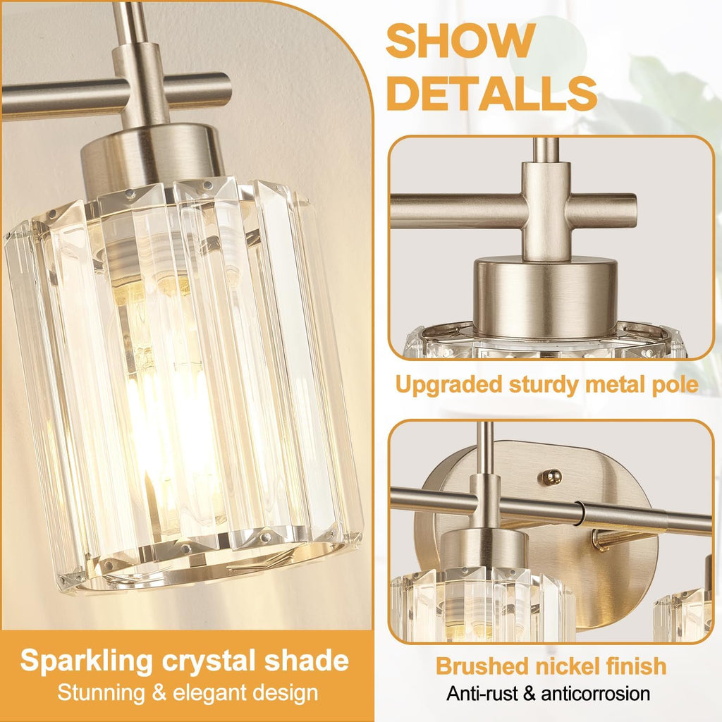Modern Crystal Vanity Light Fixtures, 4-Light Brushed Nickel Bathroom Vanity Lighting Over Mirror, Bathroom Light