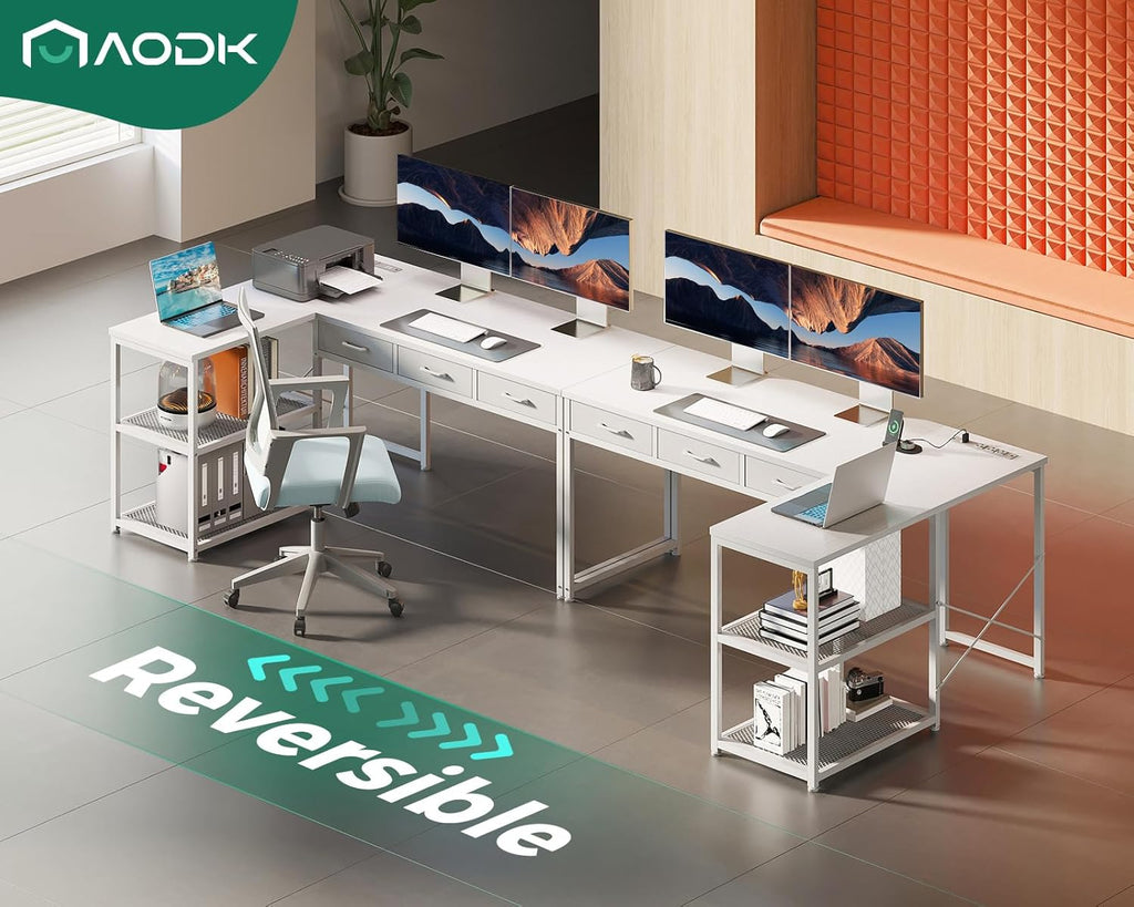 53 Inch L Shaped Computer Desk with Drawers, Corner Desk with Power Outlets & Reversible Storage Shelves Gaming, White