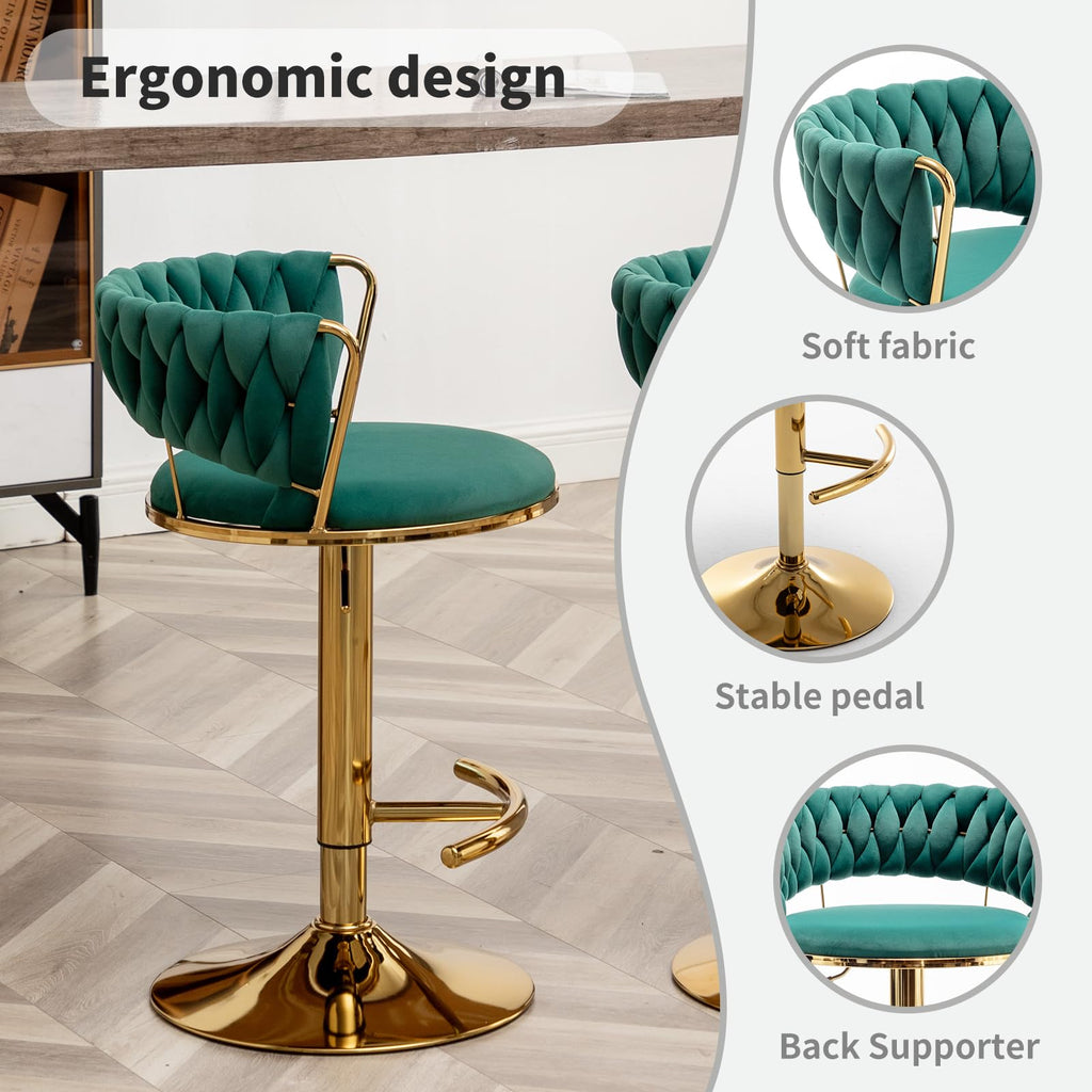 Gold Bar Stools Set of 2, Counter Height Bar Stools with Low Back, Velvet Adjustable Height Barstools, 360° Swivel
