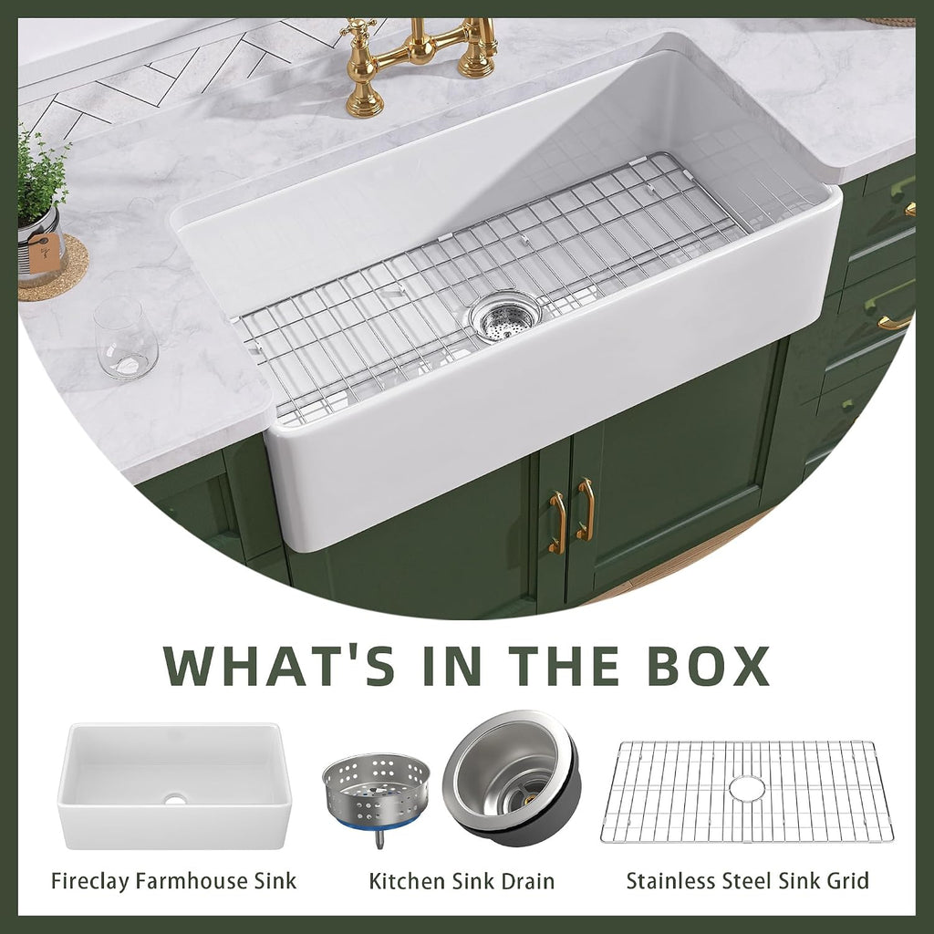 White Farmhouse Sink 36 inch Fireclay Farm Sink Apron Front Single Bowl Kitchen Sinks Deep Large Capacity Porcelain