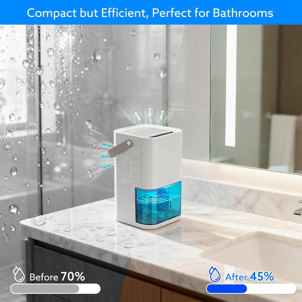 Dehumidifier Dual Core Compact Quiet for Home. Portable, Auto Shut OFF, 57OZ Water Tank. Delay