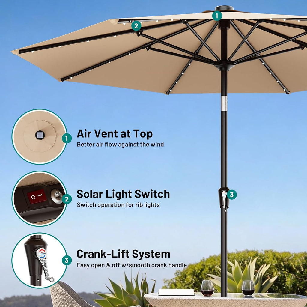 9FT Patio Umbrella with Solar Lights, 32 Lighted Pool Umbrella w/Tilt and Crank