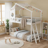 Wood Twin Over Twin House Bunk Bed, Loft Bed with Ladder, Safety Guardrail, Wooden Slats & Window