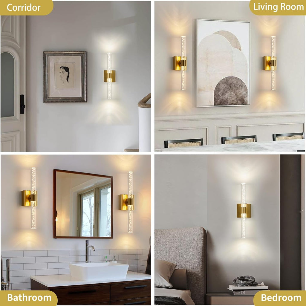 Battery Operated Wall Sconce Set of Two, Rechargeable Modern Crystal Bathroom Sconces, 3000K-6000K Dimmable Gold LED
