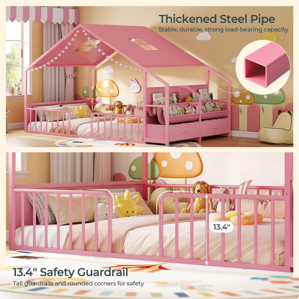 Montessori Full Size Floor Bed, Safety Guardrails, Reading Nook, Pink | House Shape, Sling Bookshelves, Storage