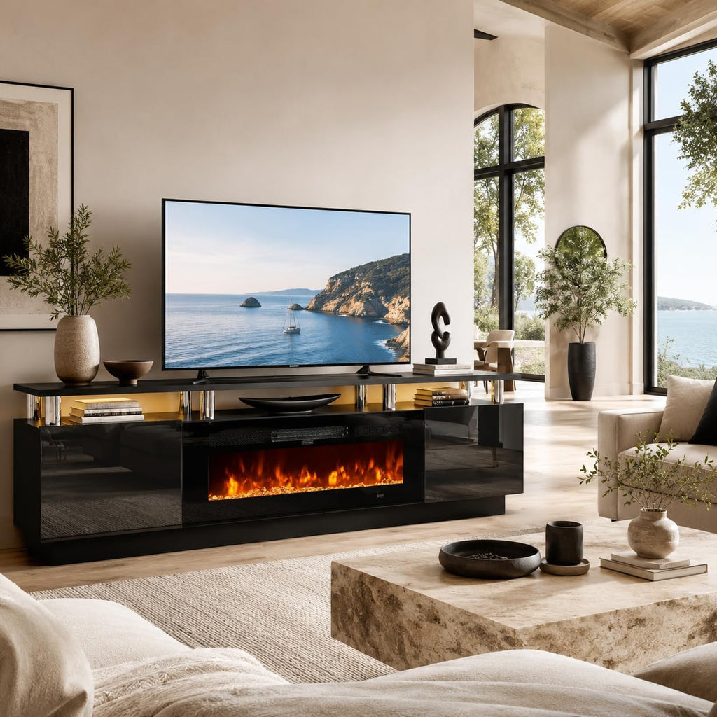 70" TV Stand for Living Room, Modern Entertainment Center & Media Console, Fits TVs up to 80", Storage Cabinet with Shelves, 36" Electric Fireplace with LED Flame (All Black)