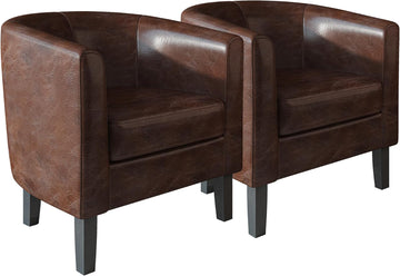 Accent Barrel Chair Faux Leather Round Club Tub Sofa Corner Chair with Flared Legs and Cozy Soft Padding - Set of 2