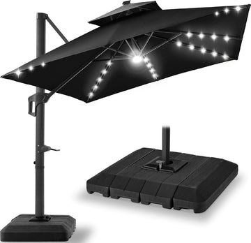 9x12ft LED Cantilever Patio Umbrella w/Base Included & 360° Rotation