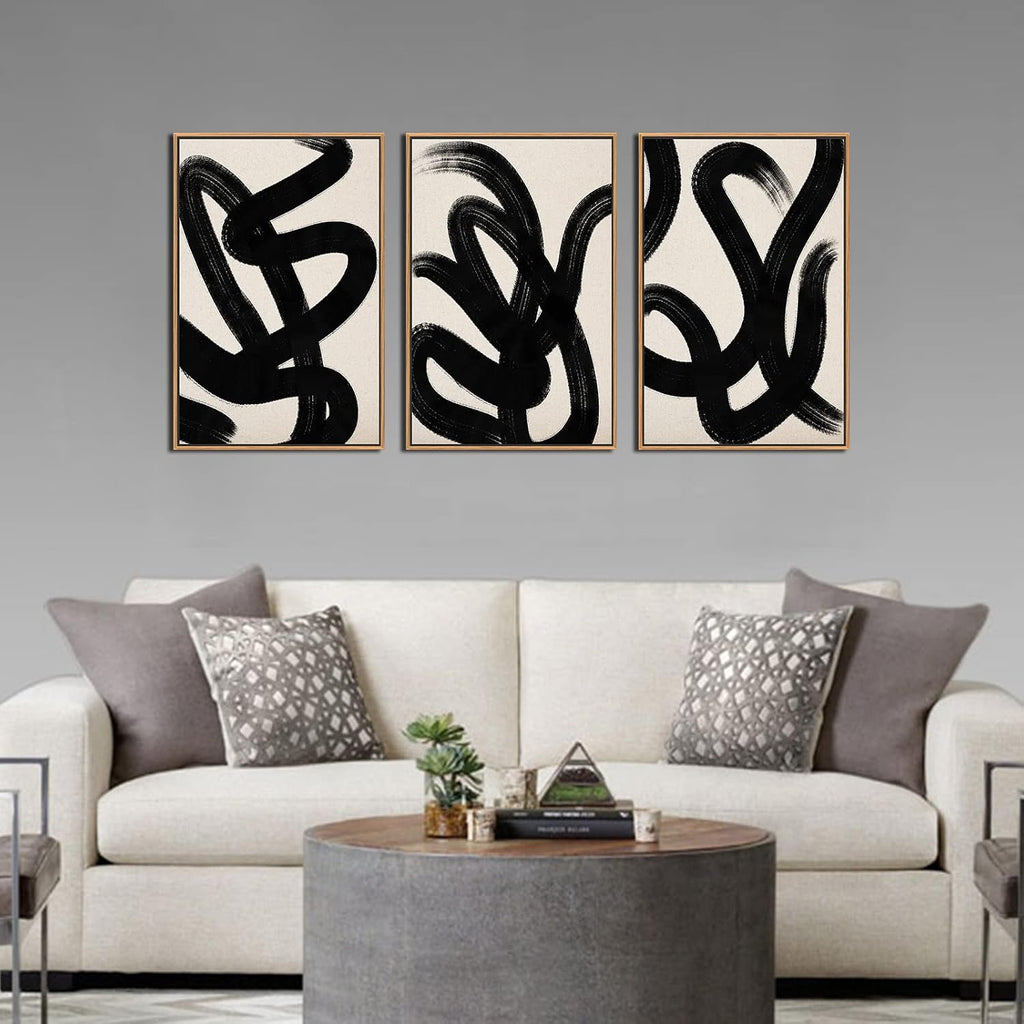 Framed Wall Art Canvas Set Abstract Lines Pictures Modern Mid Century Boho Wall Decor Minimalist Abstract Black